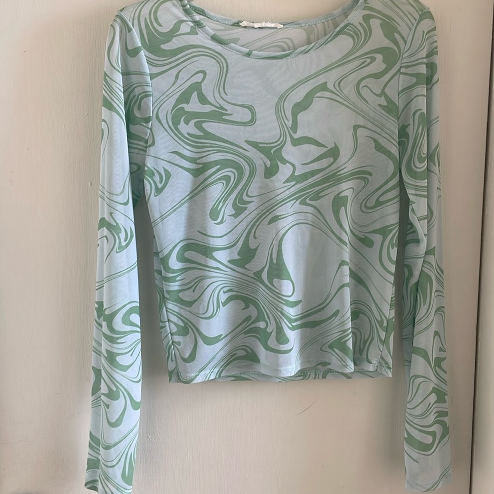 Green/blue marble crop sheer top